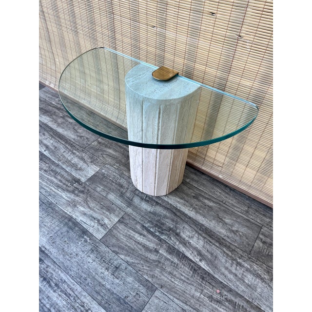 Artedi Postmodern Marble and Brass Half-Moon Shaped Side Table in the Artedi Style. Circa 1980s. For Sale - Image 4 of 18