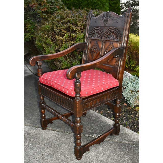Antique Kittinger Solid Oak Carved Tudor Style Chair W/Pillow For Sale - Image 9 of 13