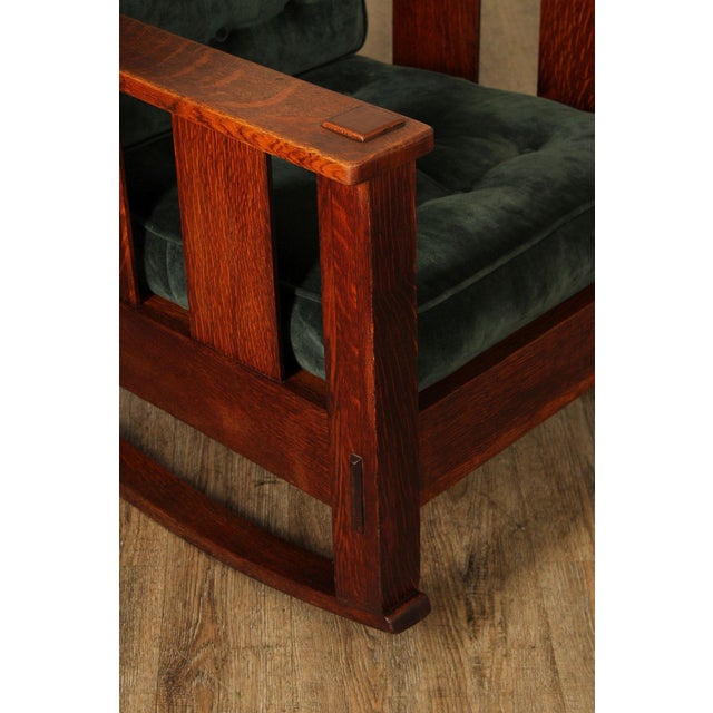 Stickley Brothers Antique Oak Arts & Crafts Rocking Chair With Green Upholstered Cushions For Sale - Image 9 of 18