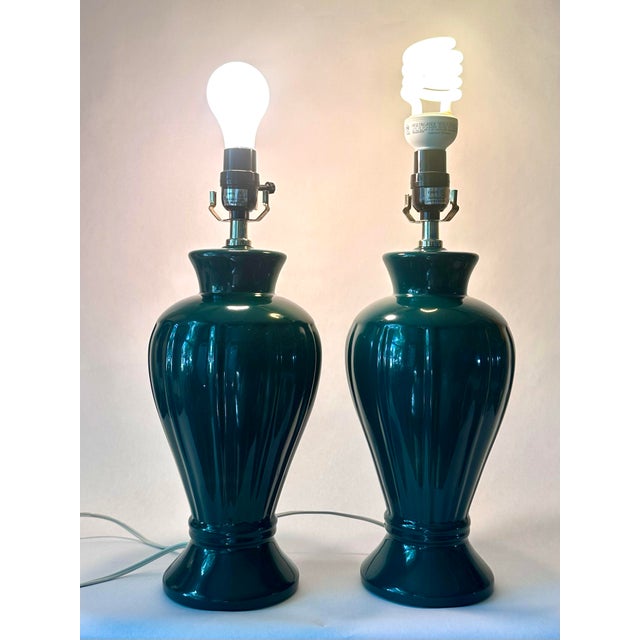 Emerald Emerald-Green Ribbed Ceramic Lamps, Pair For Sale - Image 8 of 11