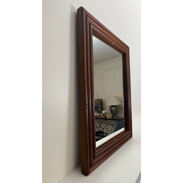 Hollywood Regency Vintage Hollywood Regency Embossed Faux Bamboo Wood Walnut Stained Wall Mirror For Sale - Image 3 of 11