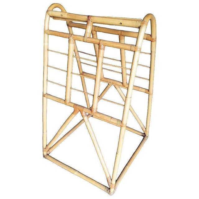 Mid-Century Modern Restored 1938 Art Deco Arched Rattan & Wicker Fabric Display Rack For Sale - Image 3 of 10