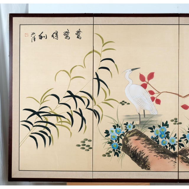 Japanese Japanese 4-Panel Byobu 4 White Wading Egrets Hand Painted & Hand Signed Folding Divider Screen Mid 20th Century For Sale - Image 3 of 7