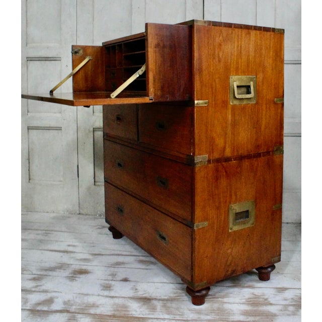 Vintage Campaign Teak Secretaire, 1940s For Sale - Image 9 of 10