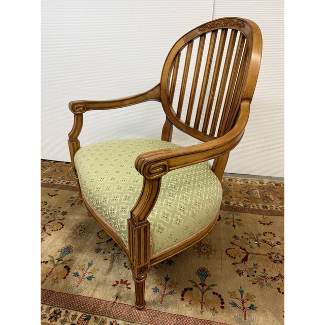French Louis XVI Reproduction Teak Wood Lounge Chair For Sale - Image 3 of 12