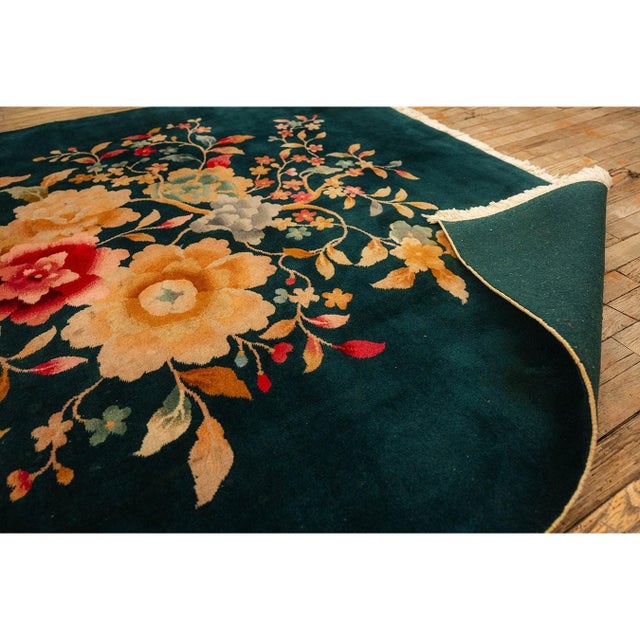 1920s Army Green Floral Medallion Haute Modern Knotted Wool Antique Chinese Art Deco Rug For Sale In New York - Image 6 of 6