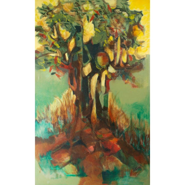An oil on canvas painting of a tree. Signed "Gunn" to the lower right, the painting features an abstract fruit tree that...