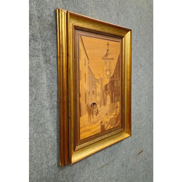 Framed marquetry panel – old town scene – 73 x 55 cm an elegant decorative wood marquetry panel depicting an old town...
