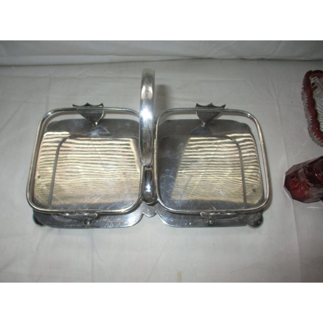 1900s Antique Daniel & Arter Silverplate Condiment Caddy Cranberry Glass Insert For Sale - Image 4 of 8