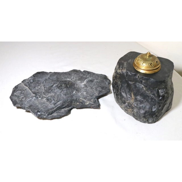 Up for sale is a very nice quality antique hand carved black stone and brass inkwell/paperweight writing set. The inkwell...