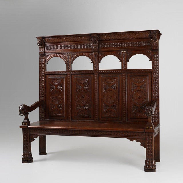 Antique Gothic French Oak Carved High Back Panel Bench, 1700s For Sale - Image 16 of 16
