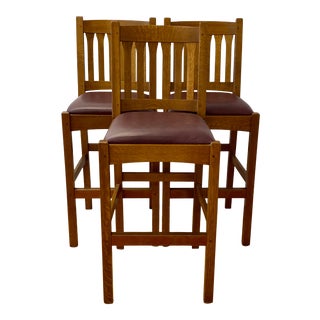 Set of Three Contemporary Mission Oak & Leather Stickley Bar Stools For Sale