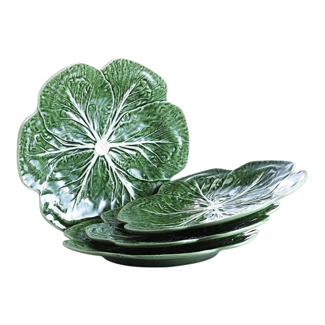 Vintage Bordallo Pinheiro Green Cabbage Majolica Leaf Dinner Plates- Set of 4 For Sale
