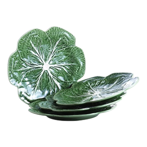 Vintage Bordallo Pinheiro Green Cabbage Majolica Leaf Dinner Plates- Set of 4