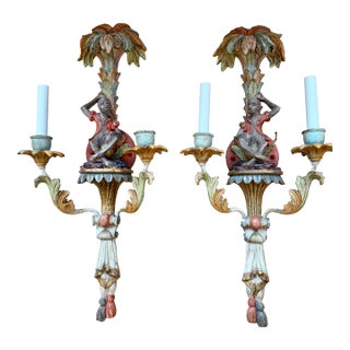 1980s Italian Hand Carved Wood Monkey Sconces (Set of 2) For Sale