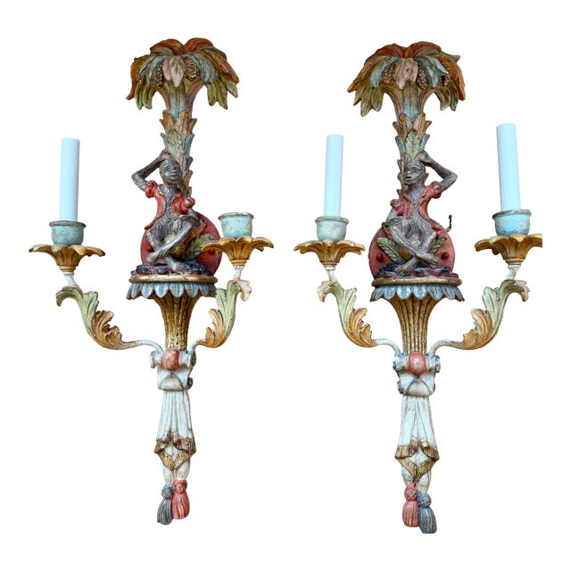 1980s Italian Hand Carved Wood Monkey Sconces (Set of 2) For Sale