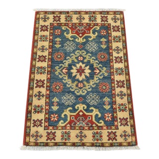 Kazak Rug 2’1” X 3′ Blue Wool Tribal Hand-Knotted Oriental Carpet For Sale