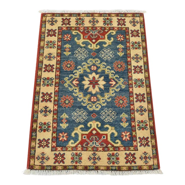 Kazak Rug 2’1” X 3′ Blue Wool Tribal Hand-Knotted Oriental Carpet For Sale