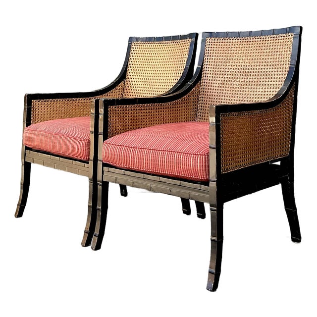 Vintage Carved Bamboo Cane Lounge Chairs - A Pair For Sale