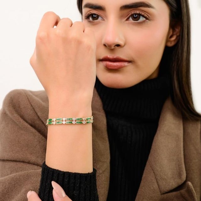 Green 5.03 Ct Emerald & Diamond Double Row Tennis Wedding Bracelet in 14k Yellow Gold For Sale - Image 8 of 14