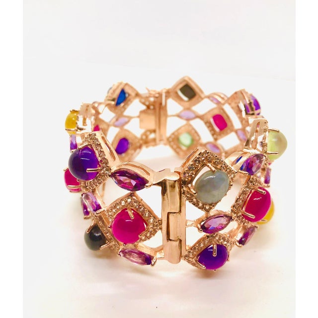Purple Bochic “Capri” Vintage Ruby & Multi Sapphire Bangle Set In 18K Gold & Silver For Sale - Image 8 of 10