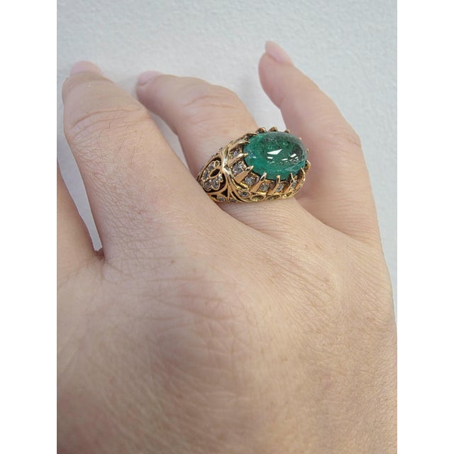 Vintage 18k Gold 3 Carat Colombian Emerald Cabochon and Diamond Ring, Size 7.25 For Sale In Los Angeles - Image 6 of 6