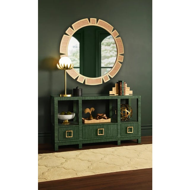 Worlds Away Matthew Izzo Home Campbell Green Grasscloth Two Tiered, Three Drawer Console Table With Satin Brass Hardword and Glass Top For Sale - Image 4 of 10