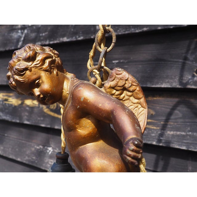 Antique French Cherub Pendant Light in Flying Putti and Glass Flower Shades, 1920s For Sale - Image 13 of 18