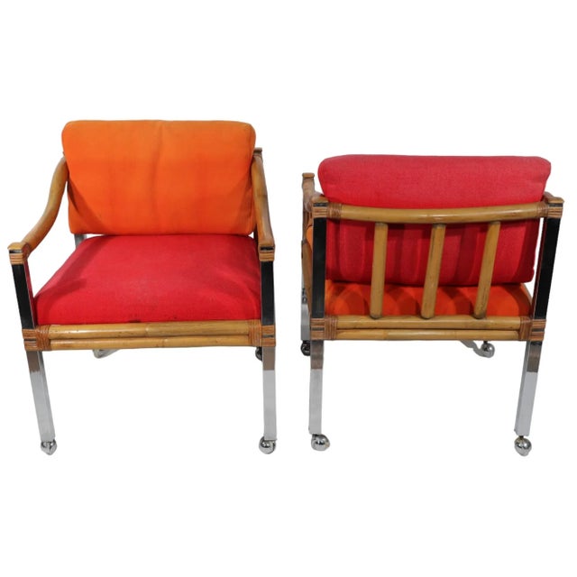 Wood Set of Four Chrome and Bamboo Dining Arm Chairs C 1970's For Sale - Image 7 of 10