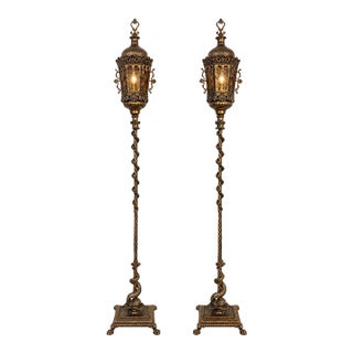 Vintage Italian Renaissance Revival Gilt-Metal and Iron Floor Lanterns — Matching Pair, 76 Inches Tall For Sale