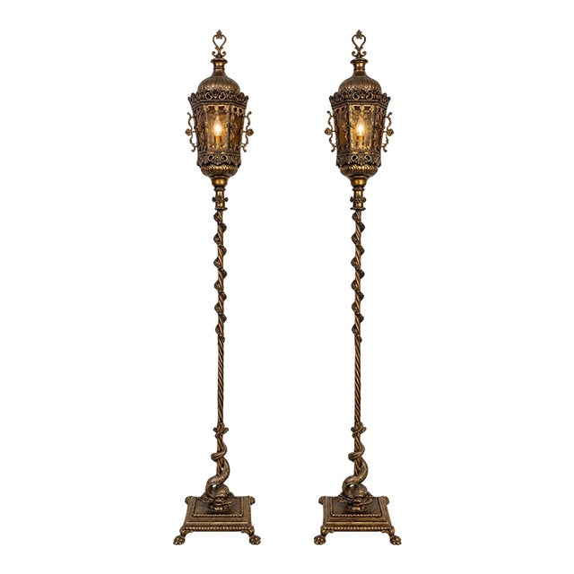 Vintage Italian Renaissance Revival Gilt-Metal and Iron Floor Lanterns — Matching Pair, 76 Inches Tall For Sale
