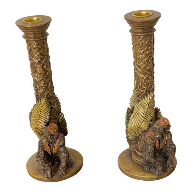 Mid 20 Th C Safari Tropical Candlesticks With Monkeys For Sale