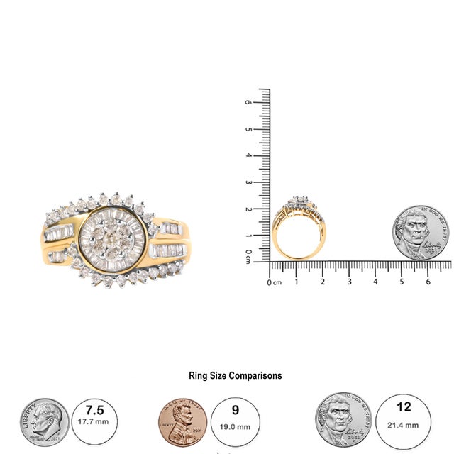 10K Yellow Gold 1 Cttw Round and Baguette cut Diamond Cluster Swirl Band Ring (H-I Color, I1-I2 Clarity) - Ring Size 7 For Sale In New York - Image 6 of 6