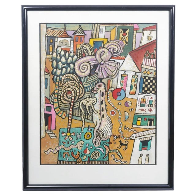 1980s Alan Davie, Vibrant Alan Davie Scottish Colorful Surrealist British Pop Art Village Painting, 1982 For Sale - Image 5 of 14