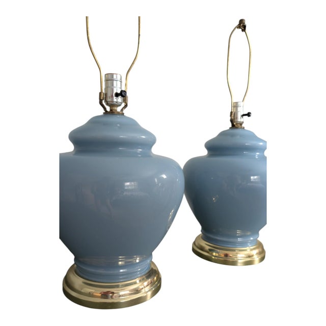 Postmodern Vintage Powder Blue Ginger Jar Table Lamps, Pair of 2 With Brass-Tone Bases For Sale - Image 3 of 10