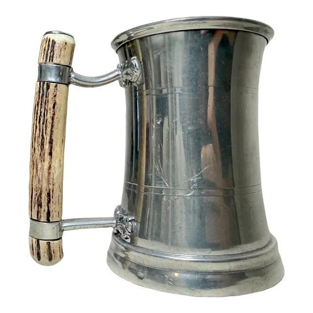 Vintage Handmade Polished Pewter Natural Stag Horn Glass Drinking Mug Stein Cup For Sale