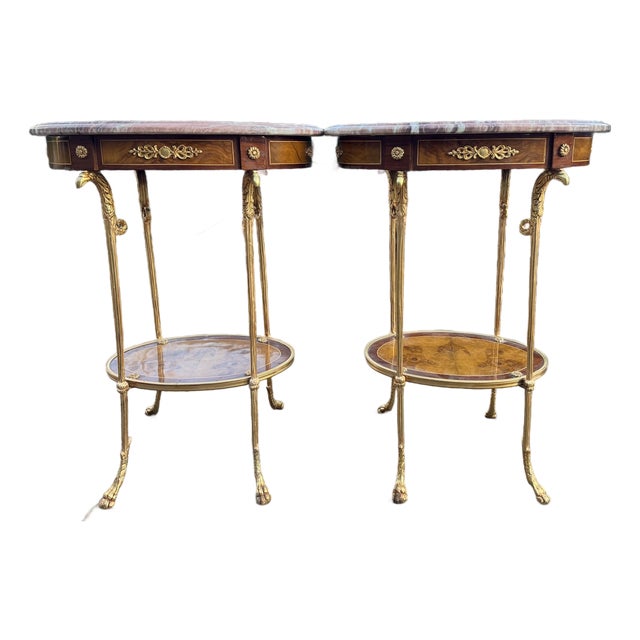 1980 French Louis XVI Gold Mahogany Marble Side Tables 2pc For Sale