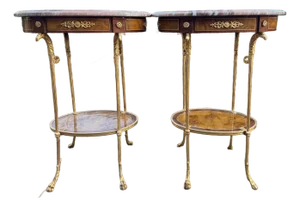1980 French Louis XVI Gold Mahogany Marble Side Tables 2pc