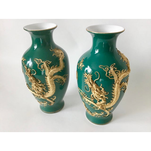 1980s Chinese Vintage Porcelain Vases With Golden Dragons - a Pair For Sale - Image 5 of 8