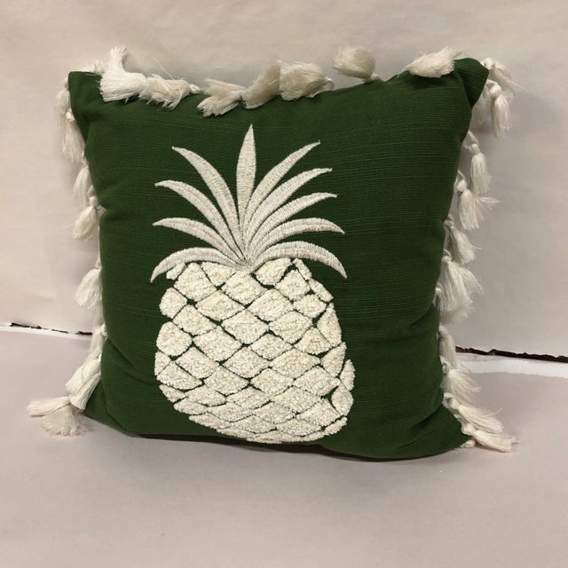 Green and White Embroidered Pineapple Pillow With Tassel Trim For Sale - Image 4 of 4