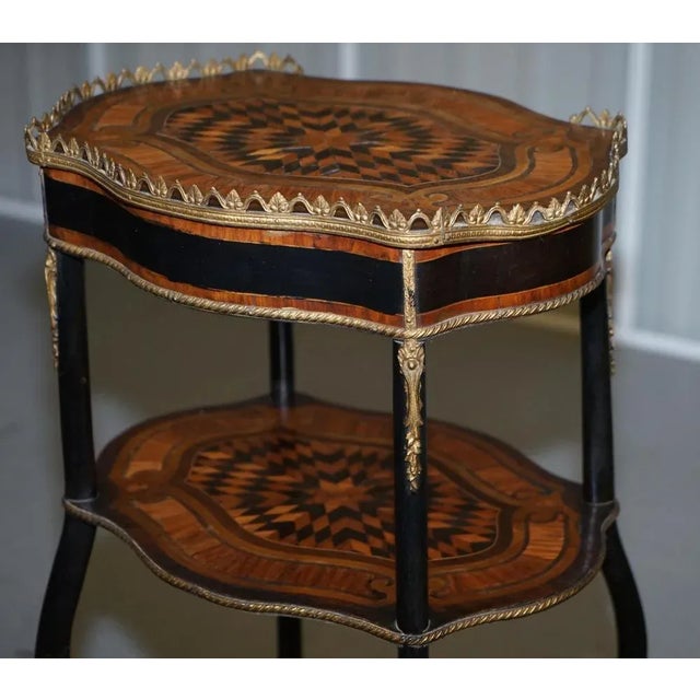 Napoleon III Ebonised and Inlaid Three-Tier Side Table in Fruitwood with Brass Gallery For Sale - Image 16 of 18
