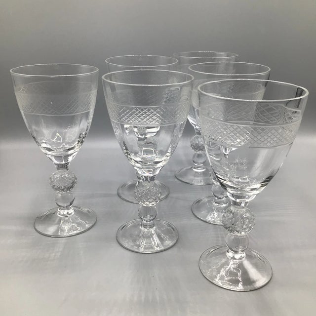 Morgantown "Eton" Water/Wine Goblets Cut Ball Stem, With Cross Hatch Band -Set of 6 Crystal Glasses For Sale - Image 13 of 13