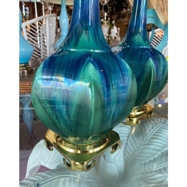 Vintage Pair of Blue Green Ceramic Table Lamps Brass Greek Key Base - a Pair For Sale - Image 9 of 11