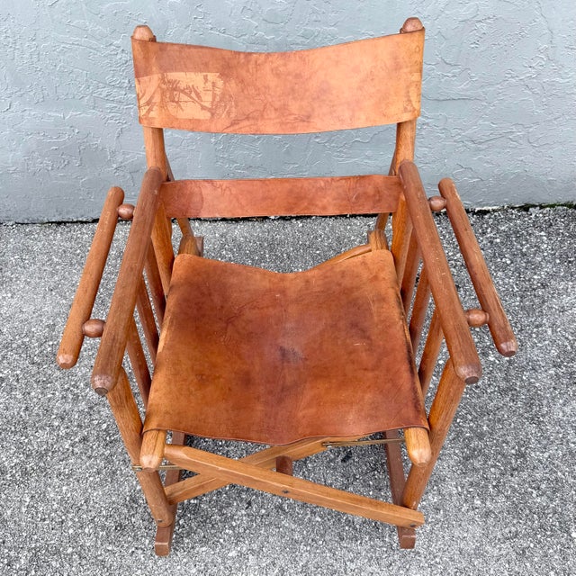 Mid-Century Modern Vintage Costa Rican Wood and Leather Folding Rocking Chair For Sale - Image 3 of 9