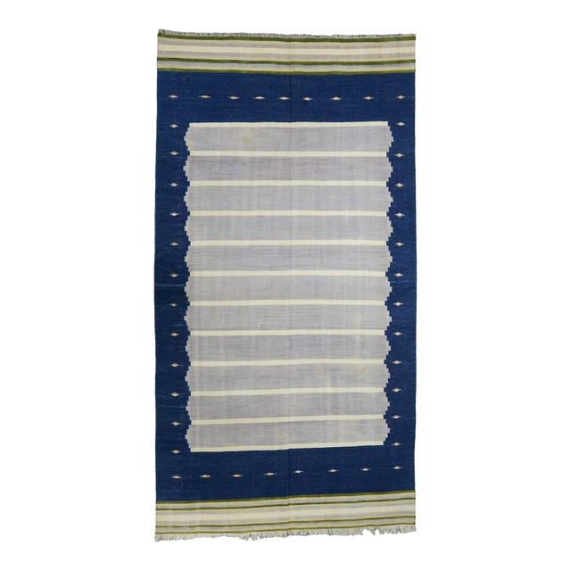Vintage Striped Dhurrie Runner Rug in Navy Blue and Gray Tones | Rug & Kilim For Sale
