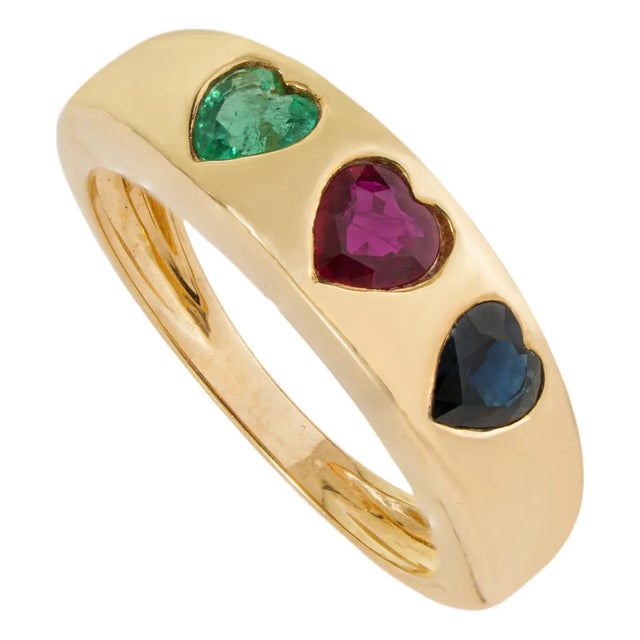 14k Yellow Gold Heart Emerald Ruby Sapphire Dome Band Gypsy-Set Ring Size 6 For Sale