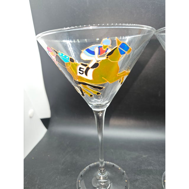 1980s Vintage Handpainted W/Horse/Jockey Images on Martini Crystal Glasses (Set of 2) For Sale - Image 5 of 6