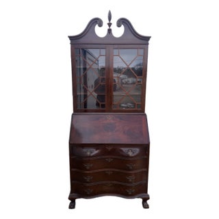 Vintage Mahogany Secretary Desk Bookcase – One-Piece, Curved Front, Fitted Interior For Sale