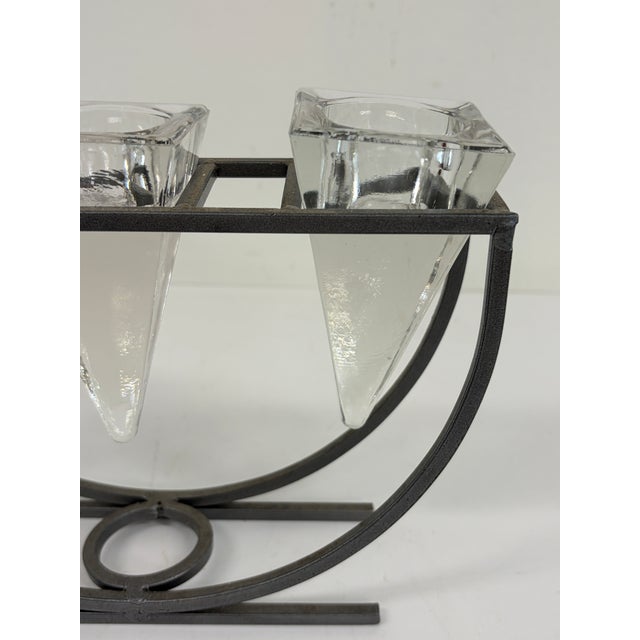 Vintage 1980s Brutalist Iron & Crystal Triple Votive Candle Holder Candelabra For Sale - Image 11 of 12