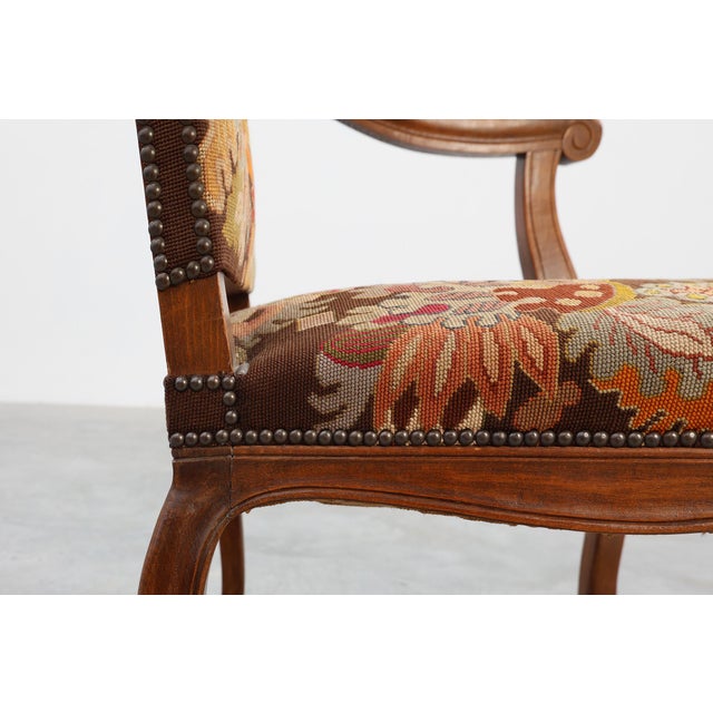 Wood Louis XV Carved Walnut Armchair with Needlepoint Upholstery, France, 1900 For Sale - Image 7 of 18